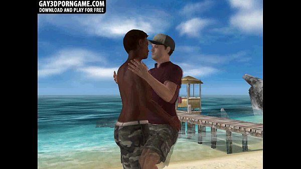 3d animated guys wank together on beach