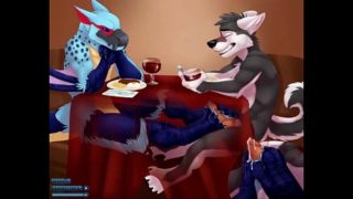 Horny bird gives wolf foot job under table during date